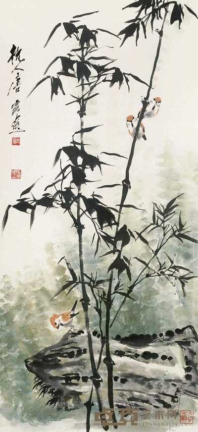 唐云 竹雀图 立轴 95×44cm
